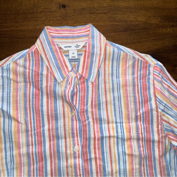 Old Navy Linen Blend Boyfriend Shirt L/S Button Up Pink Blue Stripe Womens XS - Picture 6 of 9